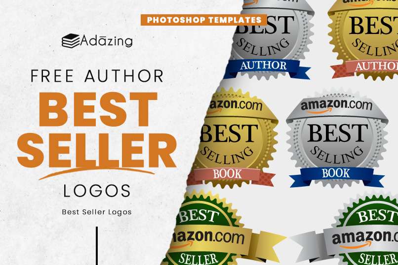 A promotional graphic for Photoshop templates featuring various "Amazon Best Seller" badges and logos, tailored for authors aiming to highlight their books' success on platforms like Amazon.