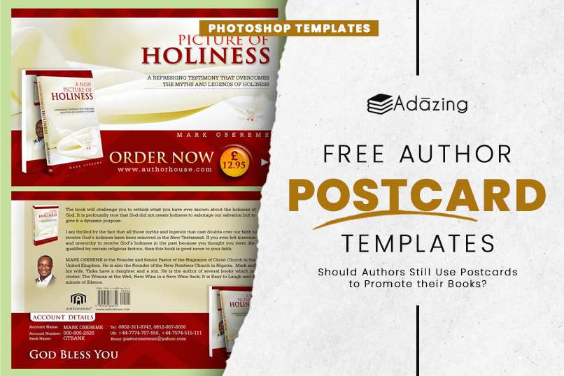 Advertising postcard templates for authors with a red and white design, featuring a mockup of a book and space for the author's message and contact information.