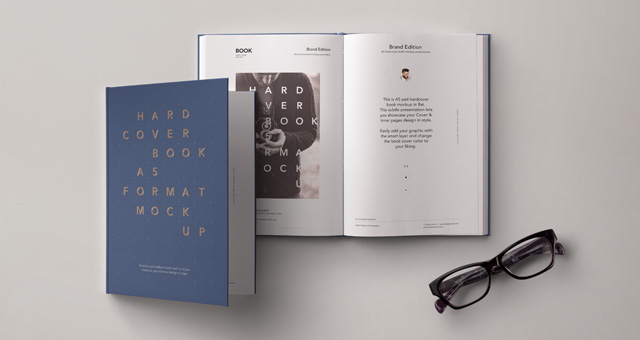 A5 Hardcover Book with Eyeglasses Mockup