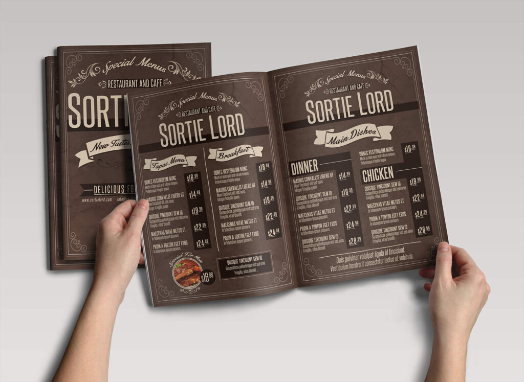 Maqueta de libro de menú de restaurante y cafetería