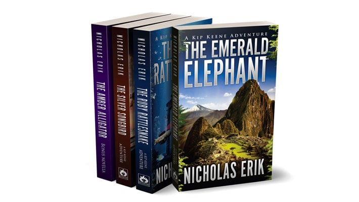 A book series mockup of adventure novels by Nicholas Erik, featuring "The Emerald Elephant" as the prominent book front and center, flanked by other titles in the series.
