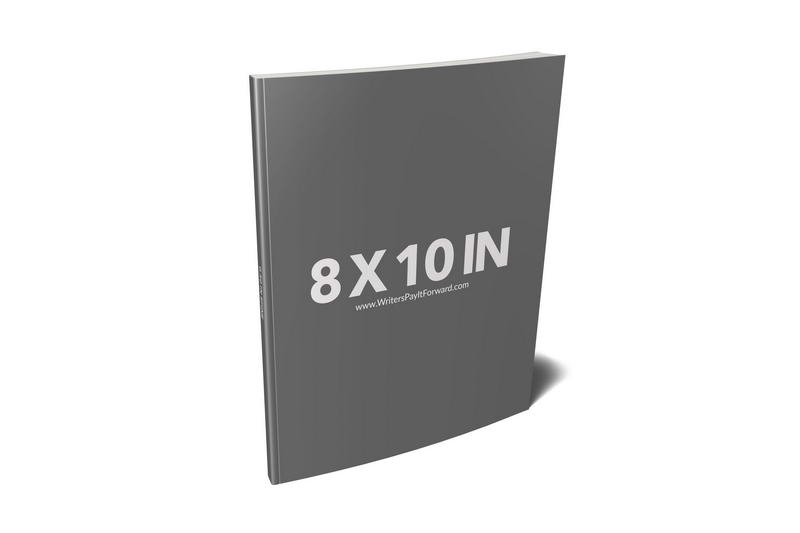 Mockup of an 8x10 inch book with a plain gray cover design, standing upright at an angle on a white background.