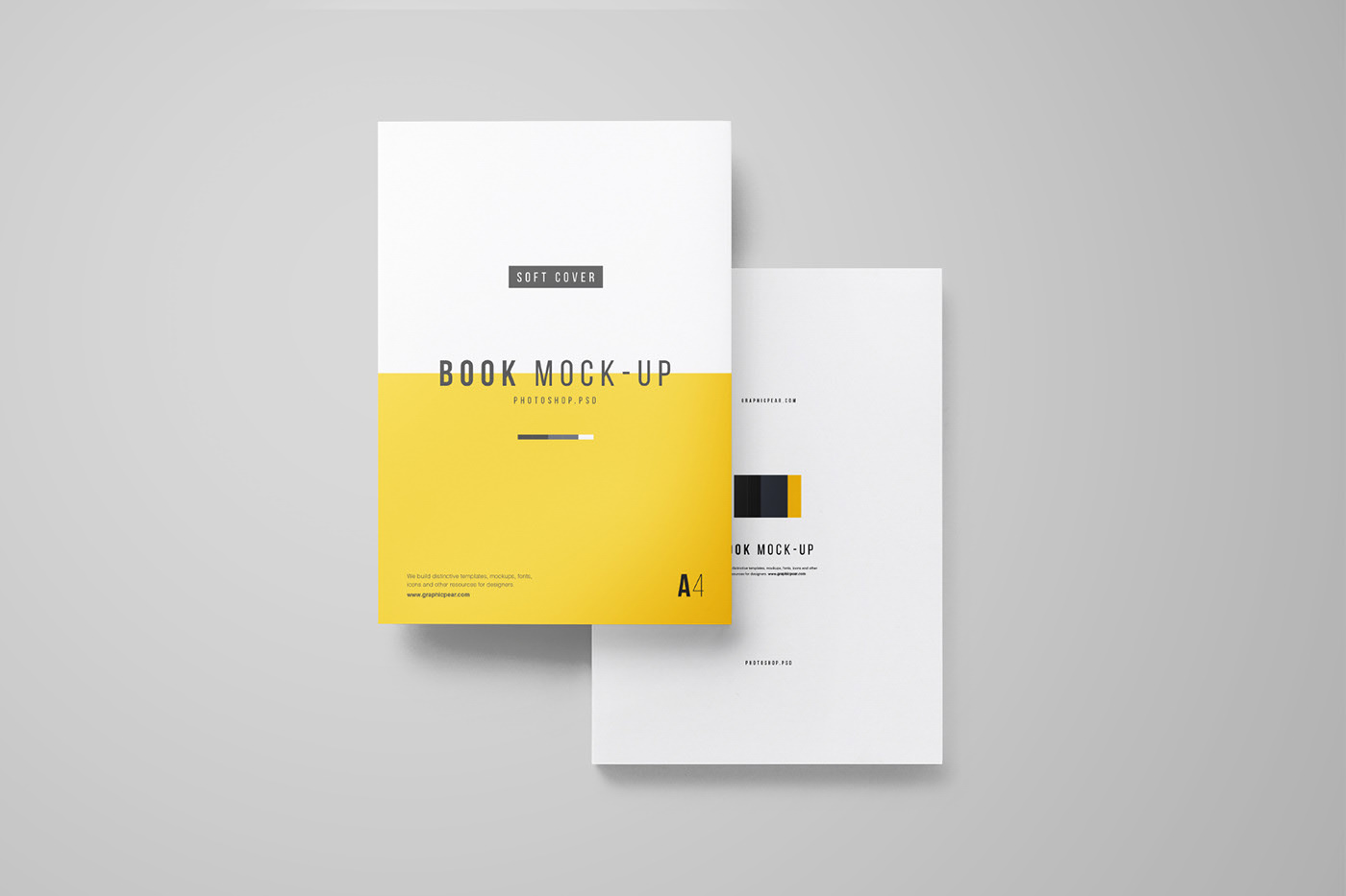 A minimalistic and modern A4 book mock-up presented on a plain background, featuring a striking yellow and black color scheme.