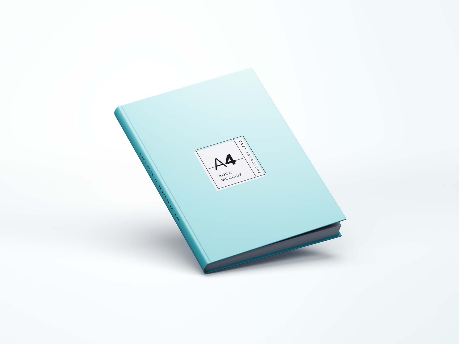 An elegantly designed light blue A4 book mockup lying on a clean, white surface.