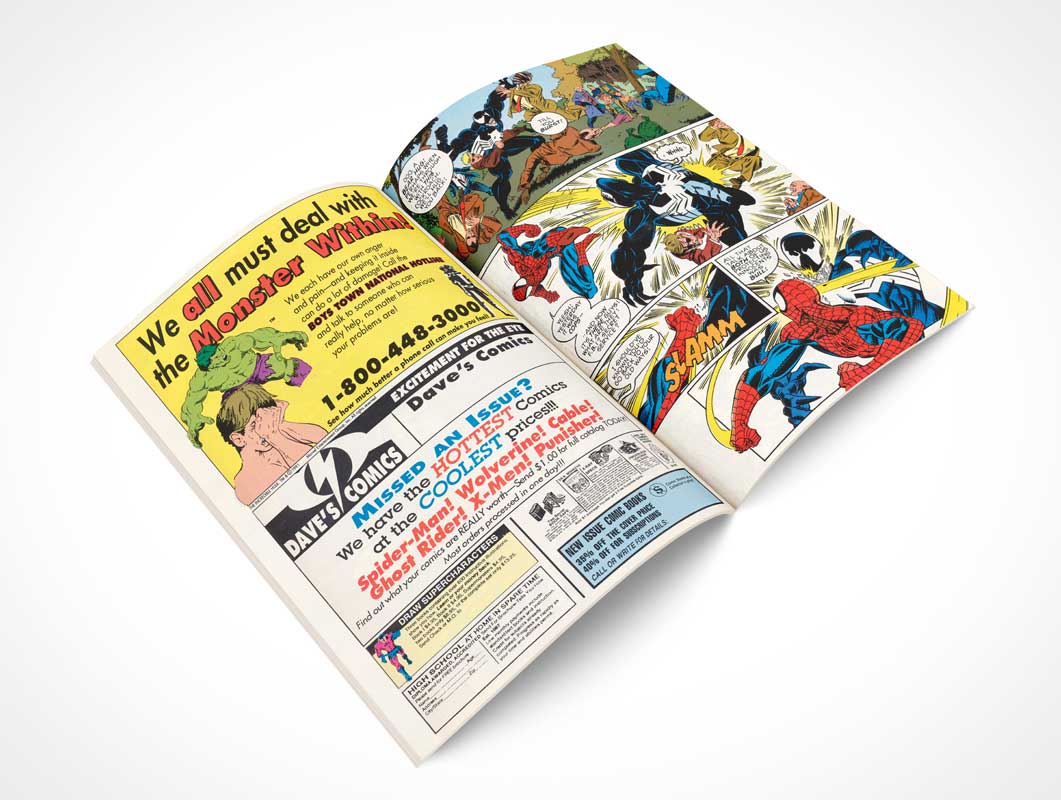 An open vintage comic book mockup displaying colorful superhero action scenes and retro advertisements.