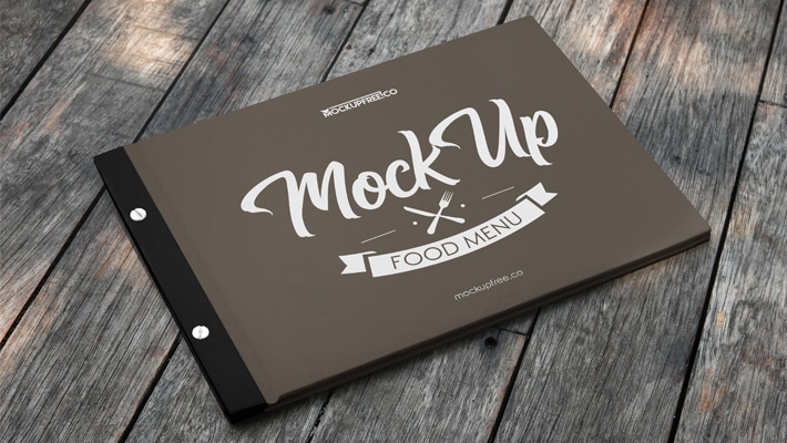 Food Menu Book on an Old Wooden Table Mockup