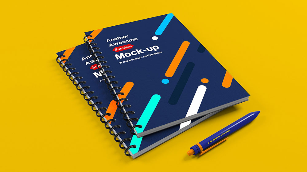 Pair of Spiral Notebook with Pen Mockup