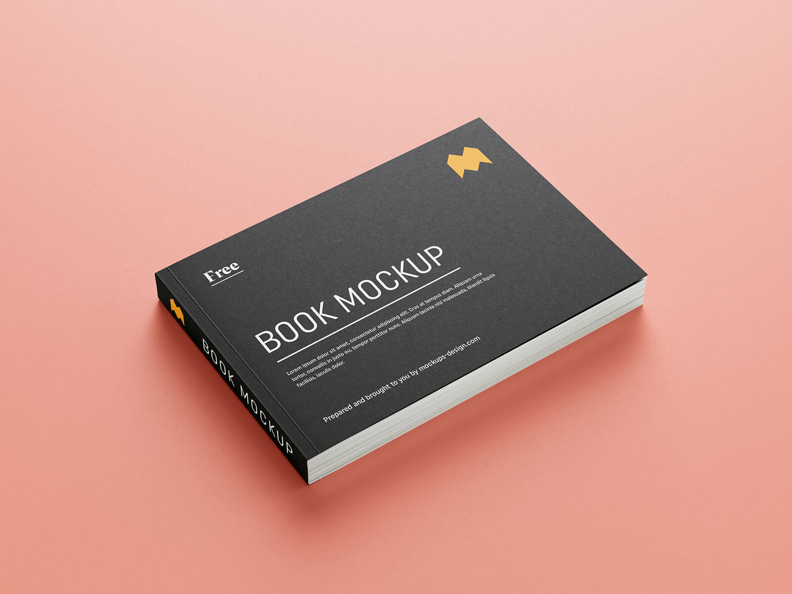 A sleek, professional landscape book mockup with a black cover displaying a design template, resting on a soft pink background.