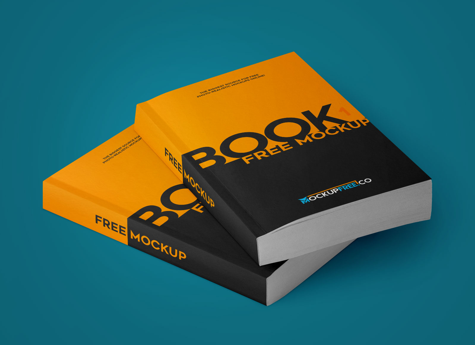 Two stacked paperback books with bold black and orange covers on a teal background, showcasing a customizable mockup design.