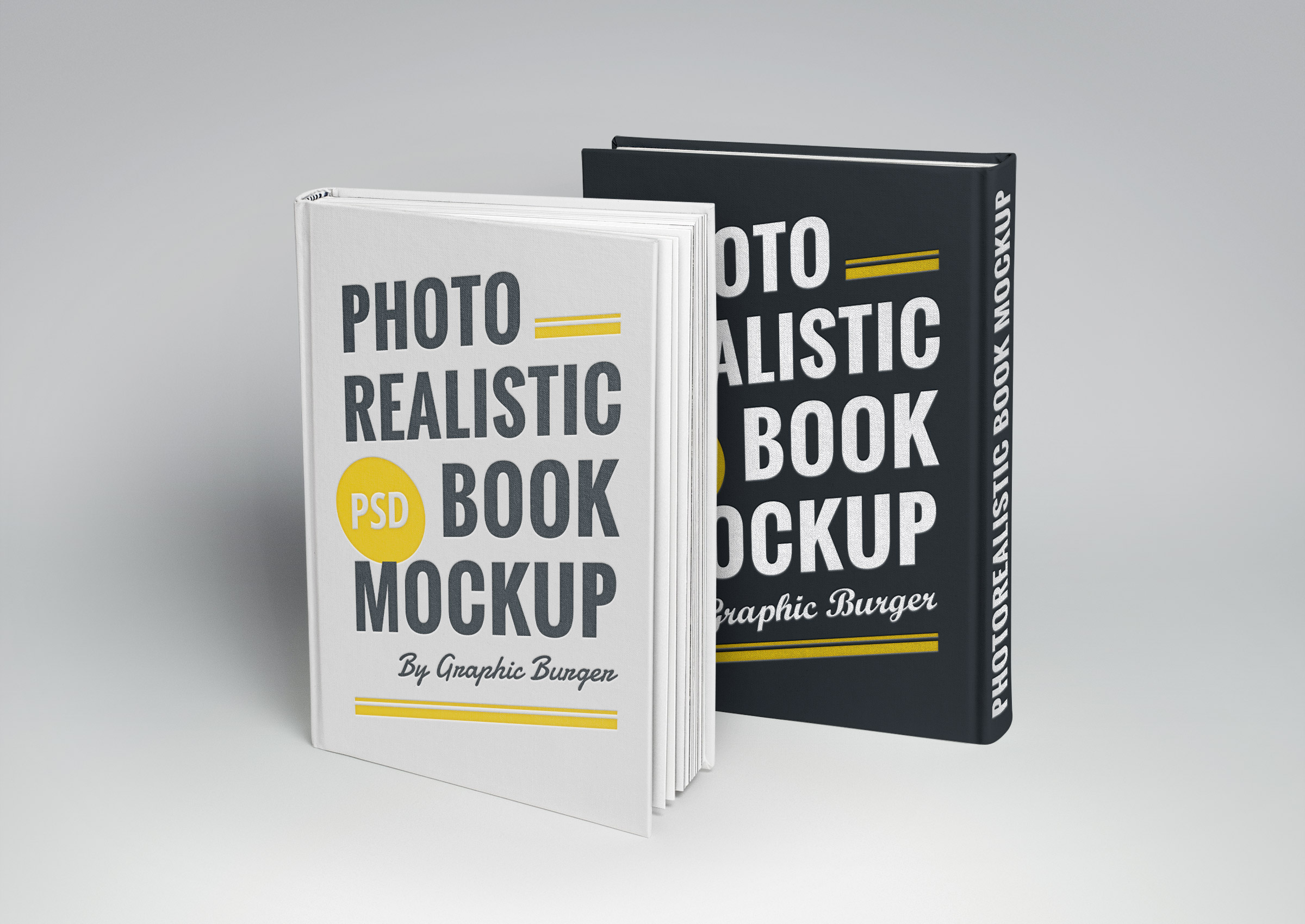 Two standing hardcover books with "hardcover book mockup" on the cover, showcasing a clean and professional template design for presentations.