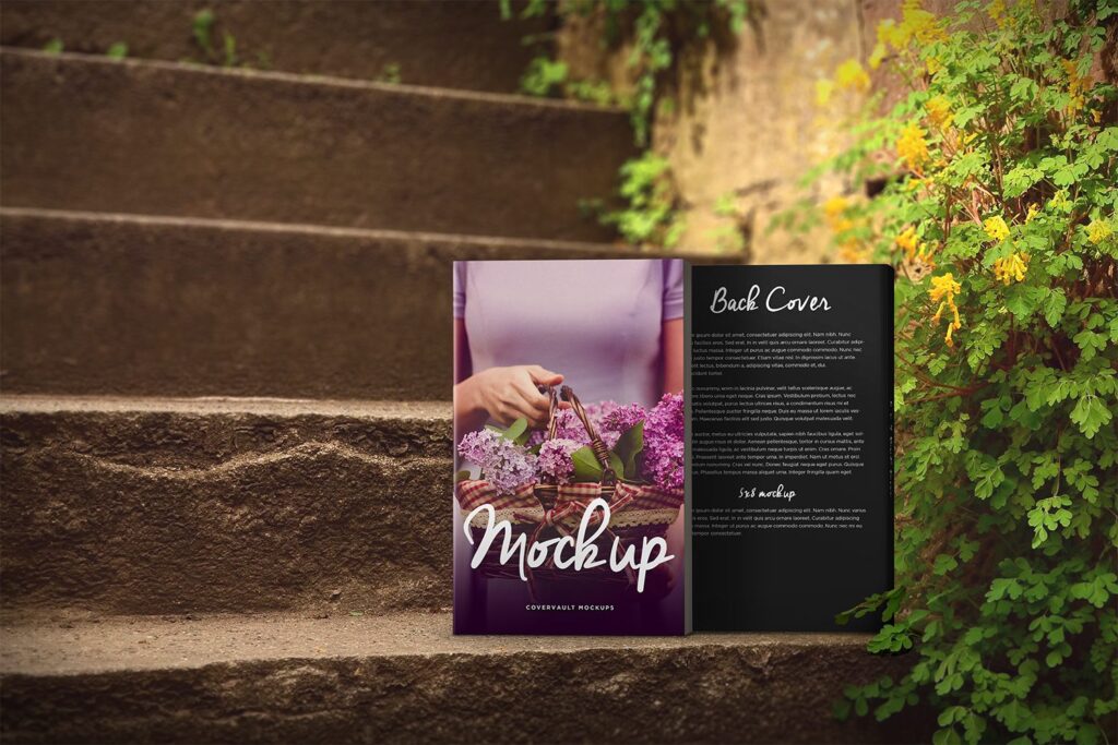 Front and Back Cover Book in Stairs Mockup