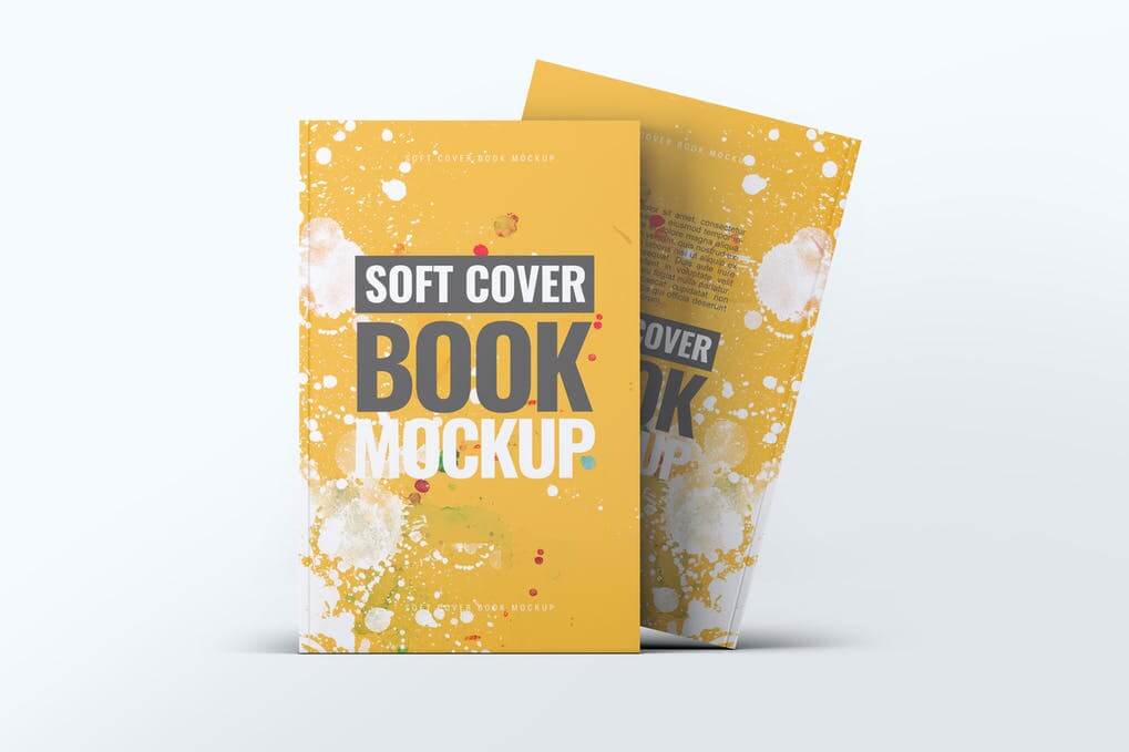 Two overlapping softcover book mockups with a yellow and white paint-splattered design, presented on a plain background.