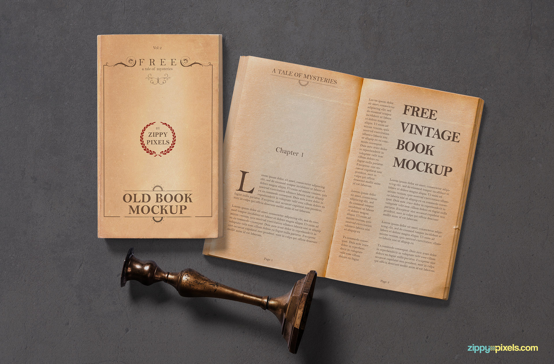 An old book mockup open alongside its cover with an antique brass candleholder on a textured grey background, highlighting a classic literary presentation.