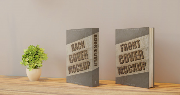Front and Back Cover Book Mockup on Wall Desk