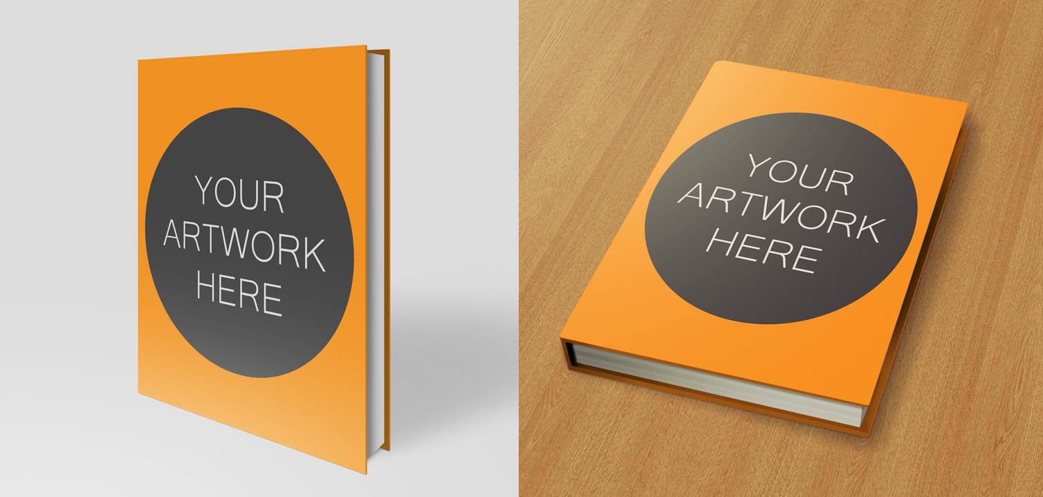 Two 8.5 x 11 book mockup designs featuring a standing and lying down orange book with a placeholder text "your artwork here" within a dark grey circle, suggesting a customizable book cover