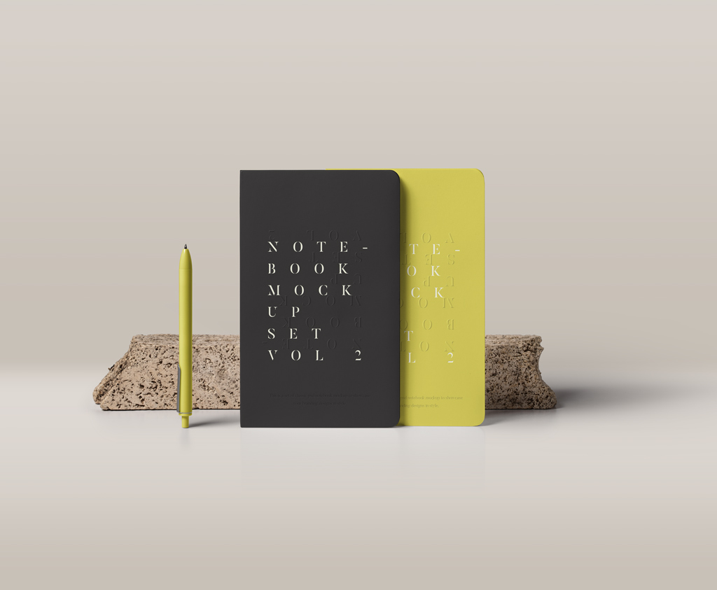 Standing Hardcover Notebooks with Pen Mockup