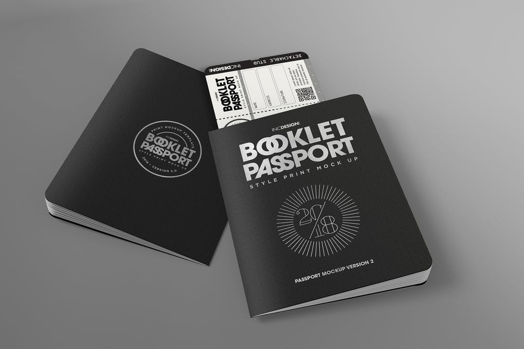 A mock-up of a passport book styled like an actual passport with a boarding pass insert, presented against a gray background.