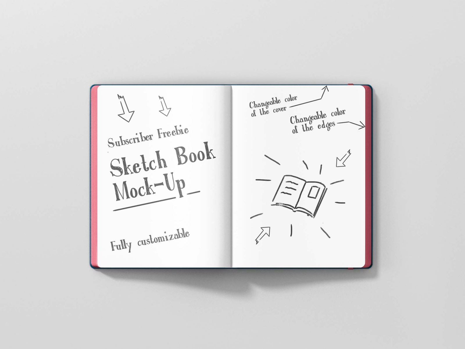 An open sketchbook mockup on a neutral background, showcasing an editable cover and page design with sample text and graphics.