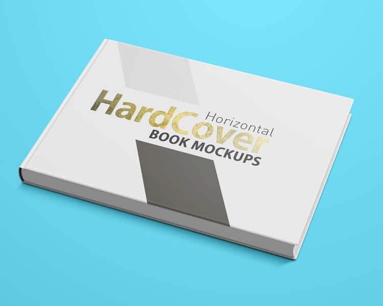 A closed horizontal hardcover book mockup on a blue background with space for custom design presentation.