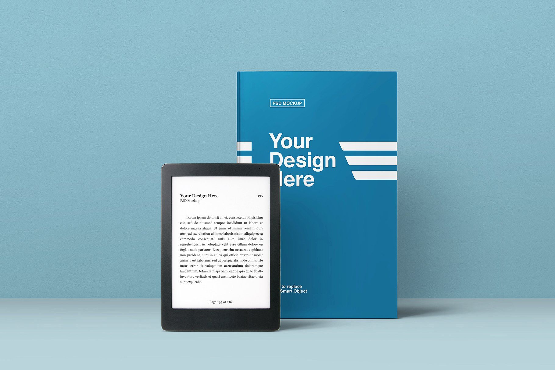 A modern e-book mockup displayed next to a traditional printed book with matching cover designs, set against a soft blue background, showcasing a blend of traditional and digital reading formats.