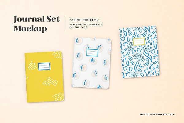 Three stylish journal mockups with unique cover designs laid out against a light background for a promotional display.