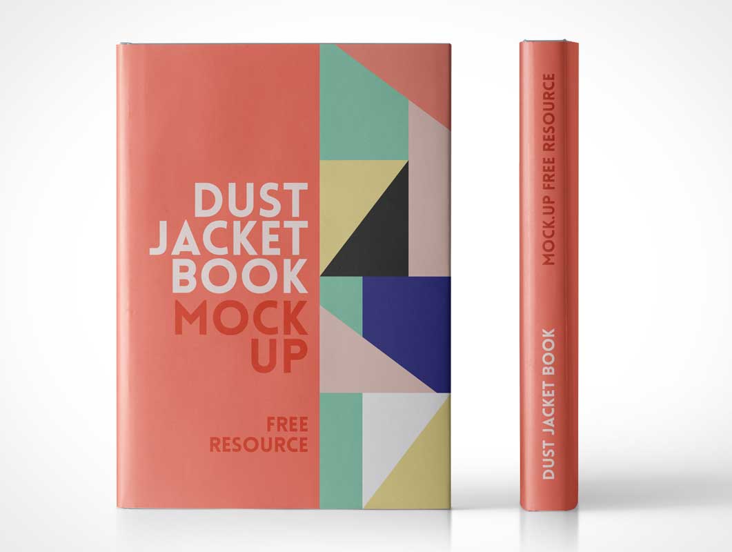 A mockup of a dust jacket book cover featuring a geometric design, standing upright against a plain background, highlighting the book's spine and front cover.