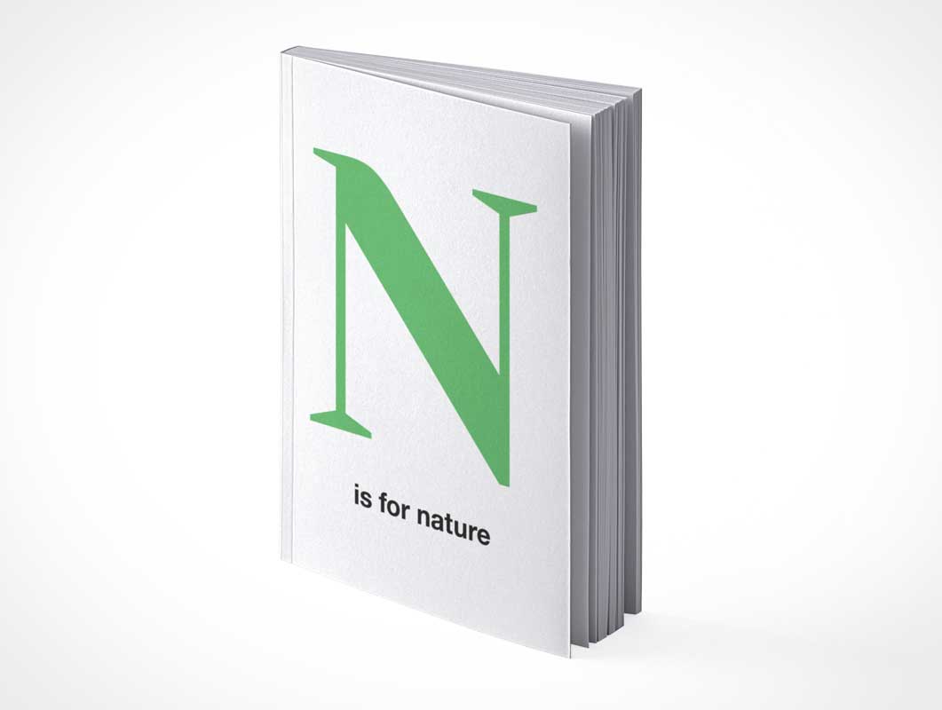 A hardcover book with the letter "n" and the phrase "is for nature" on its cover, suggesting an educational or thematic focus on natural environments or ecology, presented on a transparent background.