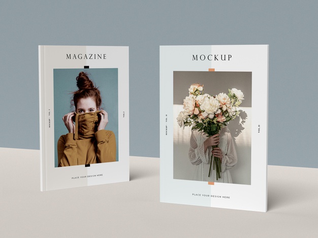 Two magazine mockup designs elegantly displayed against a neutral background, one featuring a portrait of a woman playfully covering her face with her sweater, and the other showcasing a graceful bouquet of flowers held in