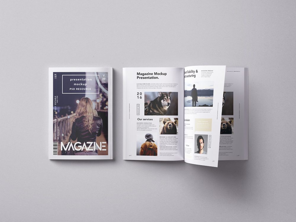 An elegant magazine mockup spread across three panels, showcasing diverse page designs with text and image content, against a neutral background.
