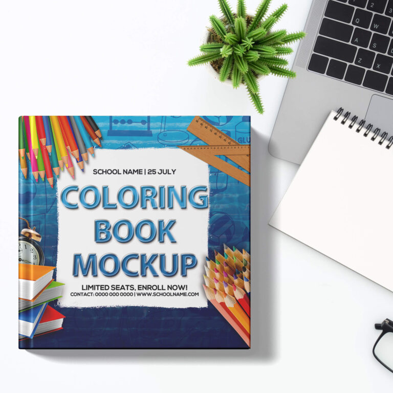 A colorful coloring book mockup lies on a white desk next to a laptop, with pencils decorating the cover.