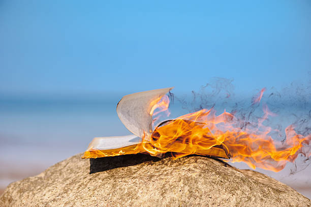 A book on fire atop a rock with the tranquil ocean in the background.
