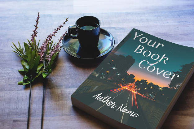 A tranquil reading moment: a book titled "your book cover" by "author name" on the table next to a steaming cup of coffee and a delicate bouquet of lavender on a wooden surface.