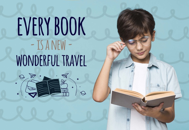 A young kid with glasses engrossed in reading a book, with an imaginative background caption saying "every book is a new wonderful travel".
