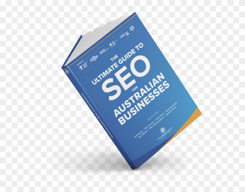 A blue-covered book png titled "the ultimate guide to seo for australian businesses" stands angled on a translucent background.