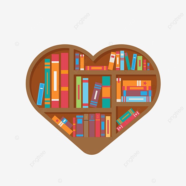 A heart-shaped bookshelf clipart filled with a colorful collection of books.