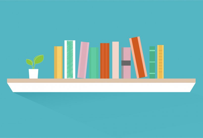 A neatly arranged bookshelf clipart with colorful books and a small potted plant against a pastel blue background.