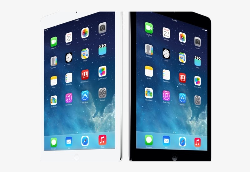 Two iPad cliparts, one white and one black, displayed side by side, showcasing their screens with colorful app icons.