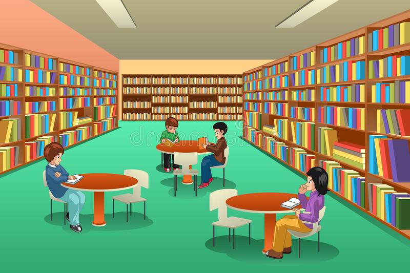 A group of people reading and discussing books in a vibrant library clipart with rows of bookshelves and round tables.