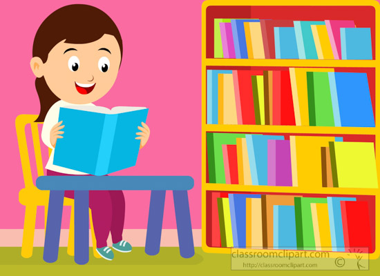 Clipart einer Schülerin, die ein Buch in der Bibliothek liest