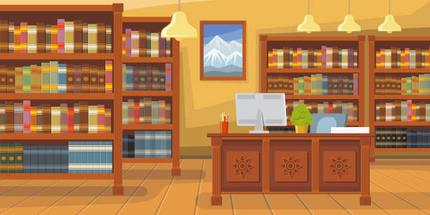 A cozy interior view of a small library with wooden shelves stocked with various books, a checkout counter equipped with a cash register, and warm lighting from pendant lamps, giving the space a welcoming ambiance.