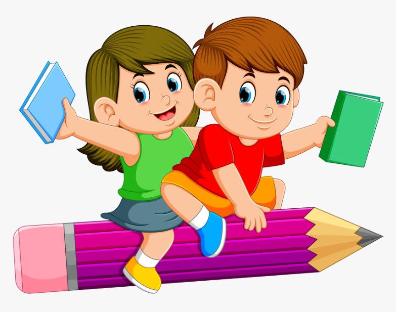 Two animated children happily riding on an oversized pencil clipart, holding books and ready for a fun learning adventure.