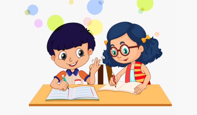Two cheerful animated children studying together at a desk with notebooks open, ready to learn and share ideas, portrayed in delightful writing clipart.