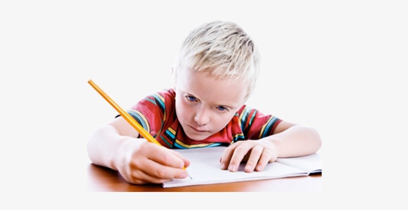 Young boy concentrating deeply while writing in a notebook with a pencil, captured in a writing png.