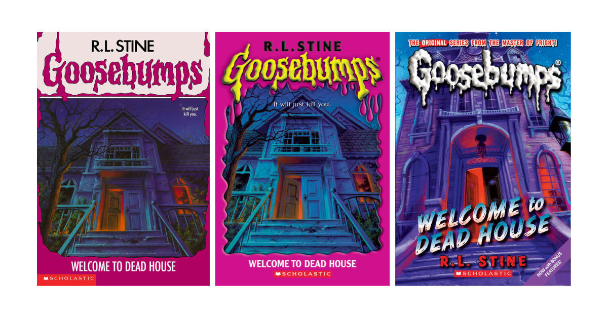 Three different goosebumps book covers of the "Welcome to Dead House" by R.L. Stine.
