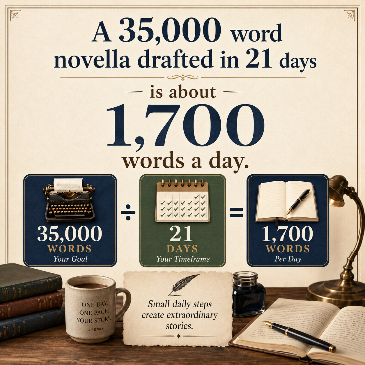 A 35,000 word novella drafted in 21 days is about 1,700 words a day.