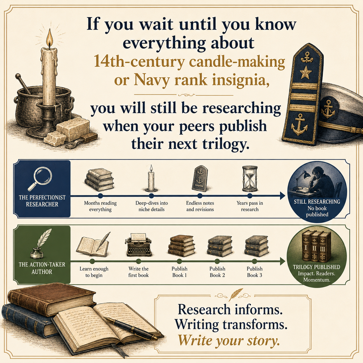 If you wait until you know everything about 14th-century candle-making or Navy rank insignia, you will still be research