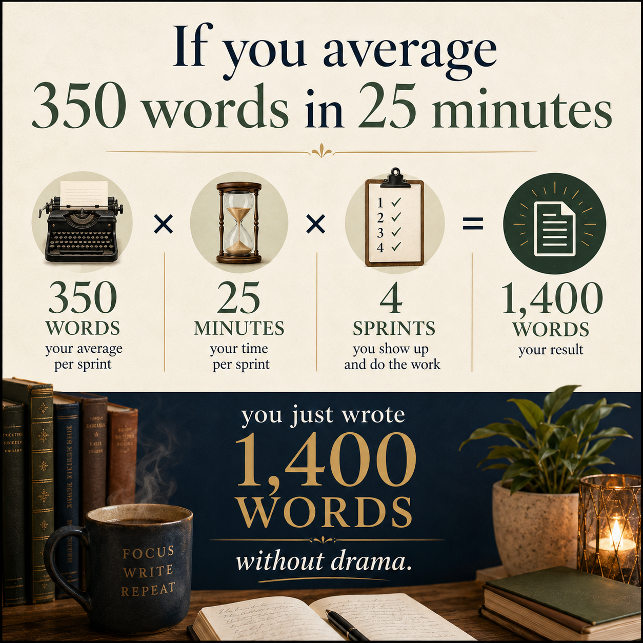If you average 350 words in 25 minutes and you do four sprints, you just wrote 1,400 words without drama.