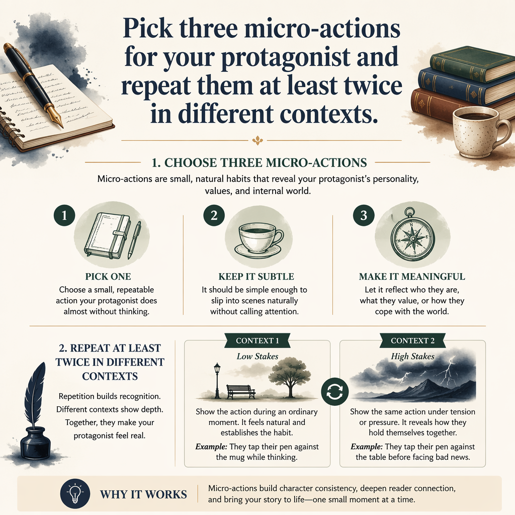 Pick three micro-actions for your protagonist and repeat them at least twice in different contexts.