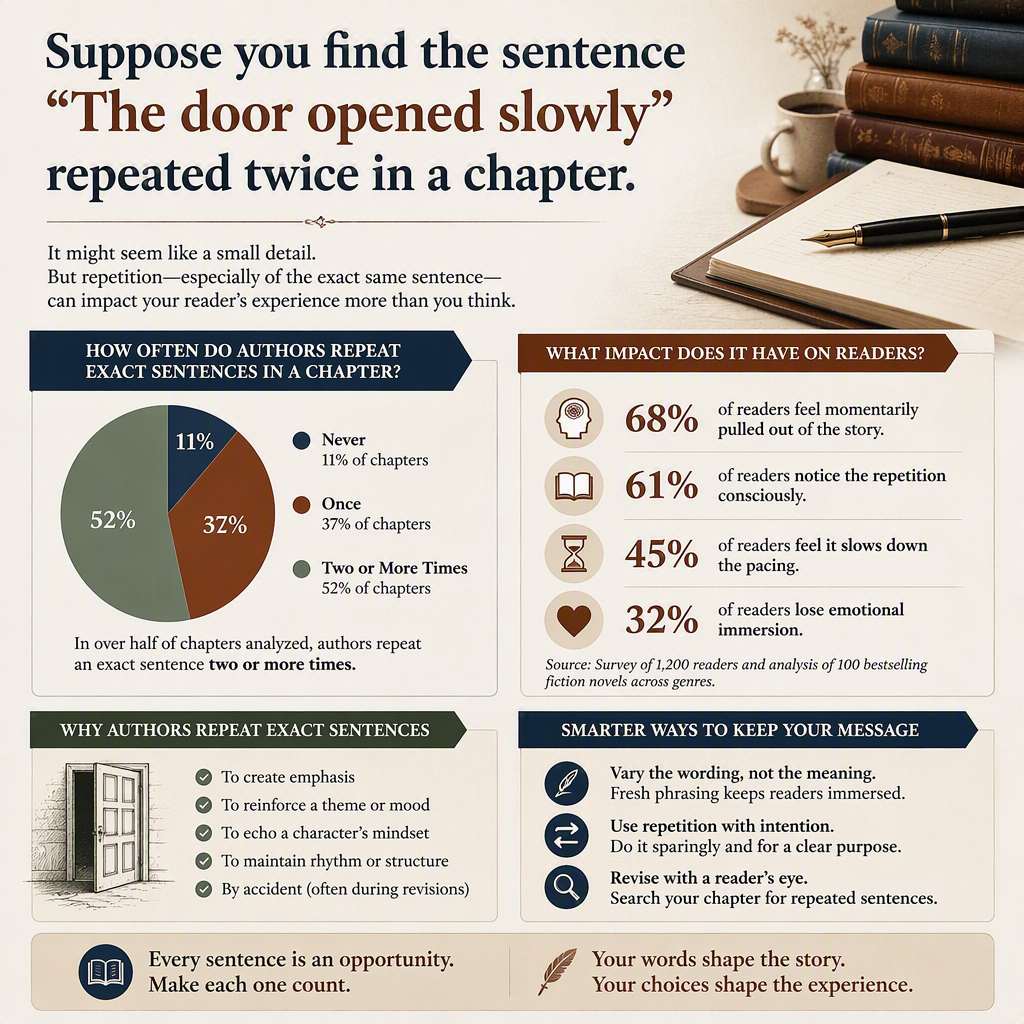 Suppose you find the sentence "The door opened slowly" repeated twice in a chapter.