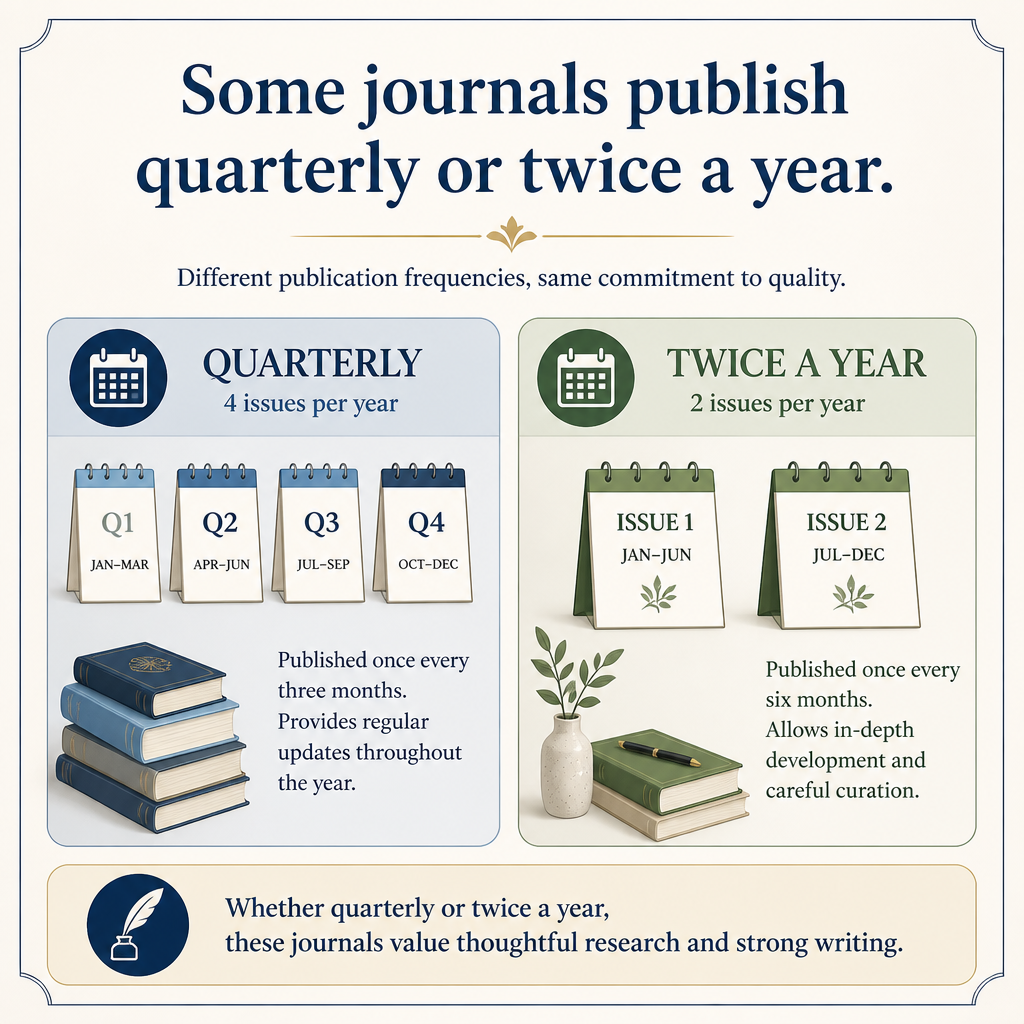 Some journals publish quarterly or twice a year.
